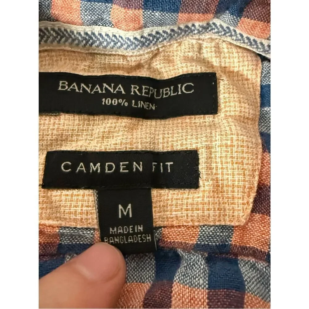 Banana Republic Camden Fit Shirt Men Sz M Blue Pink Check 100% Linen Long Sleeve